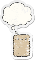 cartoon biscuit with thought bubble as a distressed worn sticker png