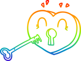 rainbow gradient line drawing of a cartoon heart with key png