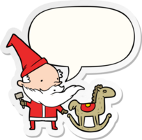 tekenfilm de kerstman of elf maken een schommelen paard met toespraak bubbel sticker png