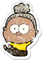 distressed sticker of a cartoon happy old woman png