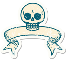 worn old sticker with banner of a skull png