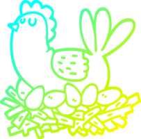 cold gradient line drawing of a cartoon chicken on nest of eggs png