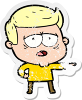 distressed sticker of a cartoon tired man png