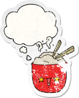 cartoon rice bowl with face with thought bubble as a distressed worn sticker png