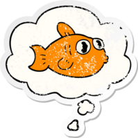 dessin animé poisson avec pensée bulle comme une affligé usé autocollant png