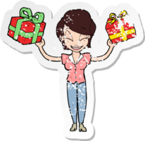 retro distressed sticker of a cartoon woman carrying gifts png