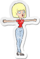 retro distressed sticker of a cartoon woman spreading arms png