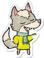 distressed sticker of a cartoon wolf in scarf laughing png