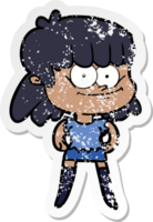 distressed sticker of a cartoon smiling woman png