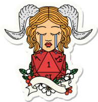 sticker of a crying tiefling with natural one D20 roll png