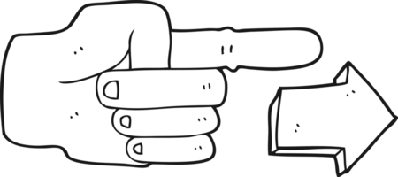 hand dragen svart och vit tecknad serie pekande hand med pil png