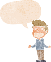 cartoon boy shrugging with speech bubble in grunge distressed retro textured style png