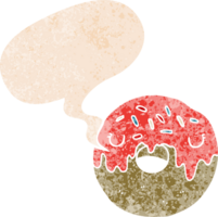 cartoon donut with speech bubble in grunge distressed retro textured style png