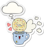 mignonne dessin animé Donut et café avec pensée bulle comme une imprimé autocollant png