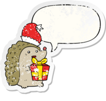 cartoon hedgehog wearing christmas hat with speech bubble distressed distressed old sticker png