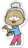 distressed sticker of a cartoon happy old lady png