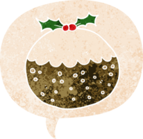 cartoon christmas pudding with speech bubble in grunge distressed retro textured style png