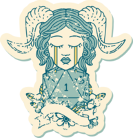 Retro Tattoo Style crying tiefling with natural one D20 roll png