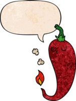 cartoon hot chili pepper with speech bubble in retro texture style png