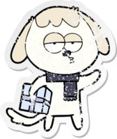 distressed sticker of a cartoon bored dog with christmas present png