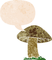 cartoon mushroom with speech bubble in grunge distressed retro textured style png