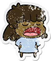 distressed sticker of a cartoon woman talking loudly png