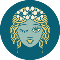 iconic tattoo style image of a maidens face winking png