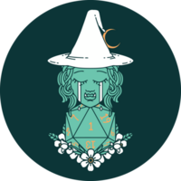 icon of crying half orc witch with natural one D20 dice roll png