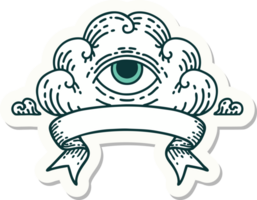 tattoo style sticker with banner of an all seeing eye cloud png