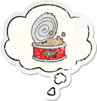 cartoon canned food with thought bubble as a distressed worn sticker png