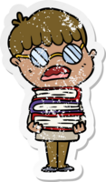 distressed sticker of a cartoon boy with books wearing spectacles png