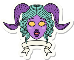 sticker van een tiefling karakter gezicht met rol banier png