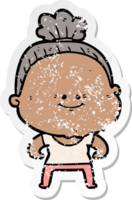 distressed sticker of a cartoon happy old woman png