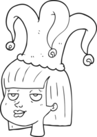 hand drawn black and white cartoon female face with jester hat png