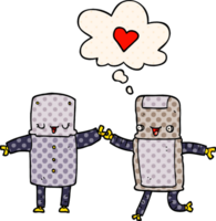 dibujos animados robots en amor con pensamiento burbuja en cómic libro estilo png