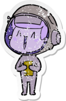 distressed sticker of a happy cartoon astronaut png