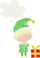 cartoon happy christmas elf with thought bubble in retro style png