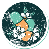 iconico afflitto etichetta tatuaggio stile Immagine di pillole e fiori png