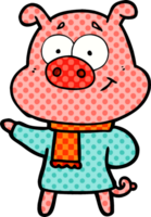 cochon de dessin animé heureux portant des vêtements chauds png