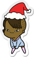 cute hand drawn sticker cartoon of a girl with hipster haircut wearing santa hat png