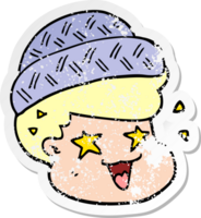 distressed sticker of a cartoon boy wearing hat png