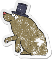 retro distressed sticker of a cartoon bear in top hat png