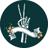 tattoo style icon with banner of a skeleton giving a peace sign png