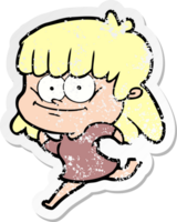distressed sticker of a cartoon smiling woman png
