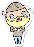 distressed sticker of a cartoon bearded man crying png