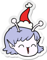 hand drawn sticker cartoon of a alien space girl face wearing santa hat png