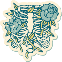 imagem icônica do estilo de tatuagem de adesivo angustiado de uma caixa torácica e flores png
