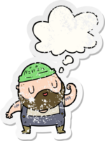 cartoon dock worker with thought bubble as a distressed worn sticker png