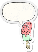 dessin animé la glace fric avec discours bulle affligé affligé vieux autocollant png