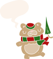 cartoon bear with umbrella with speech bubble in retro style png